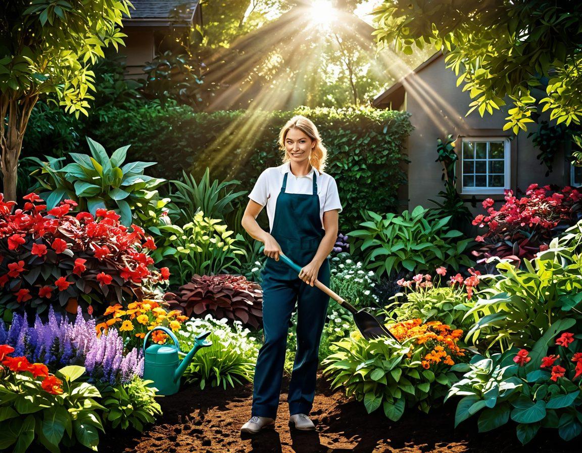A lush garden scene showcasing healthy plants and rich, dark soil, with a gardener gently tending to the flowers. Include vibrant foliage, diverse plant species, and sun rays illuminating the scene, symbolizing growth and nurturing. Add gardening tools like trowels and watering cans scattered around to illustrate maintenance. super-realistic. vibrant colors. light background.