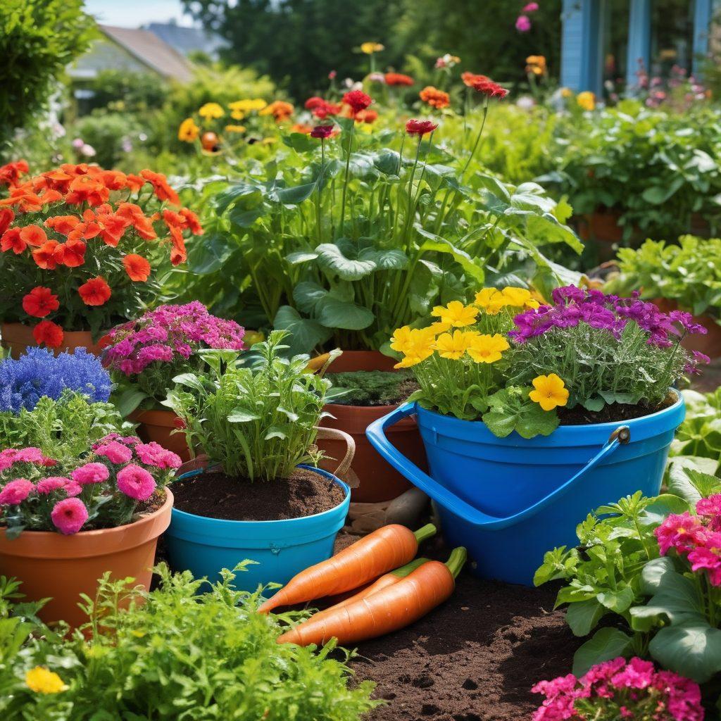 A lush, vibrant garden brimming with colorful flowers, vegetables, and greenery, showcasing essential gardening supplies like tools, pots, and soil bags. Include a diverse group of happy gardeners working together, watering plants and planting seeds under a bright blue sky. The scene radiates warmth and passion for gardening, emphasizing the joys of nurturing plants. super-realistic. vibrant colors. nature-themed.